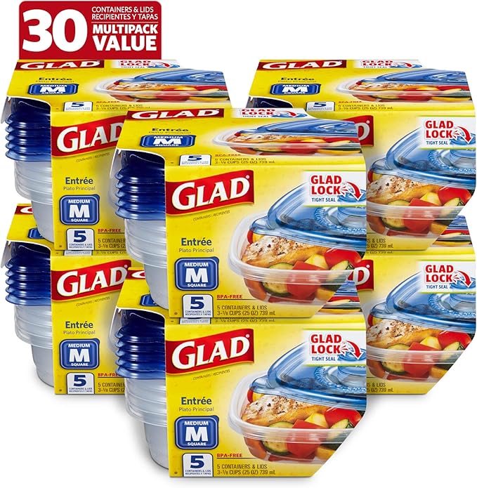 Glad GladWare Entree Food Storage Containers with Lids, Medium Square No BPA Plastic for Meal Prep and Lunches, Lock Tight Seal, Microwave and Dishwasher Safe, 25 Oz, 5 Count - 6 Pack