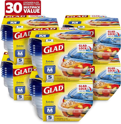 Glad GladWare Entree Food Storage Containers with Lids, Medium Square No BPA Plastic for Meal Prep and Lunches, Lock Tight Seal, Microwave and Dishwasher Safe, 25 Oz, 5 Count - 6 Pack