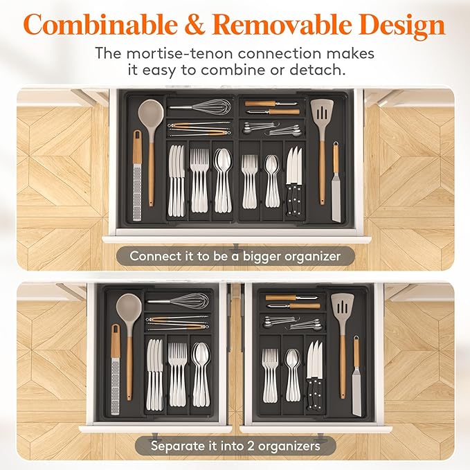 Lifewit Silverware Drawer Organizer, Expandable BPA Free Plastic Utensil Tray for Kitchen, Adjustable Flatware Cutlery Holder for Spoons Forks Knives, 18- 28 x 16.7", Black