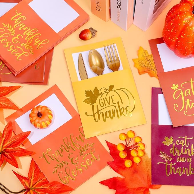 Whaline 100 Pcs Thanksgiving Paper Silverware Bags Foil Gold Give Thanks Cutlery Holders Autumn Harvest Utensil Paper Bag Pocket for Fall Dinner Table Decor