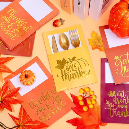 Whaline 100 Pcs Thanksgiving Paper Silverware Bags Foil Gold Give Thanks Cutlery Holders Autumn Harvest Utensil Paper Bag Pocket for Fall Dinner Table Decor