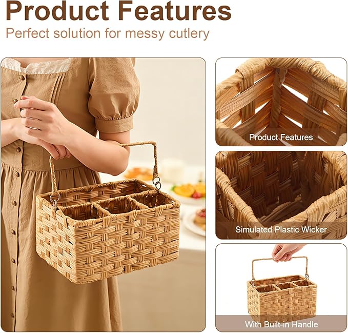 Wicker Utensil Caddy – Tabletop Utensil & Silverware Organizer with Handle, Multi-Use Cutlery and Condiment Holder, Kitchen Countertop Basket, Ideal for Parties, Picnics & Buffets
