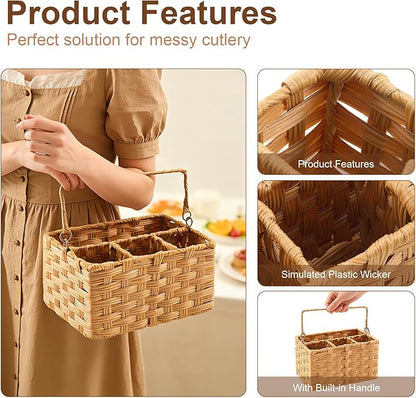 Wicker Utensil Caddy – Tabletop Utensil & Silverware Organizer with Handle, Multi-Use Cutlery and Condiment Holder, Kitchen Countertop Basket, Ideal for Parties, Picnics & Buffets