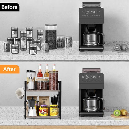 RUILALIFE Spice-Rack-Organizer-Shelf for Kitchen Counter, 2 Tiers Coffee Bar Station Organizer for Countertop，Space Saving Desk Shelving Riser Unit (Grey, Medium)