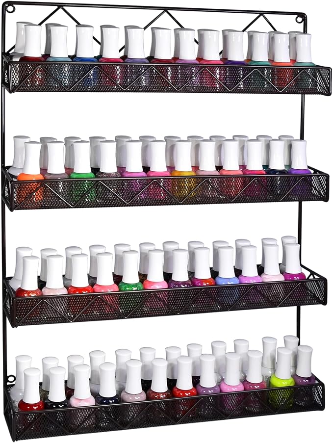 AMT 4 Tier Nail Rack, Pack Metal Wall Mount Organizer, Essential Oils Organizer, Pantry Cabinet Door Shelf Storage. Hanging Display for Spice Jars, Nail Polish, Cosmetic Beauty Bottles