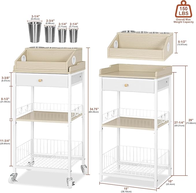 Makeup Organizer Cart with Removable Cosmetic Display Case, Large Makeup Cart with Drawer and 4 SS Tool Cups, 2-in-1 Vanity Organizer for Skincare Perfume Nail Polish Brush, White & Natural