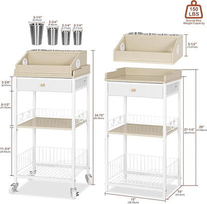 Makeup Organizer Cart with Removable Cosmetic Display Case, Large Makeup Cart with Drawer and 4 SS Tool Cups, 2-in-1 Vanity Organizer for Skincare Perfume Nail Polish Brush, White & Natural
