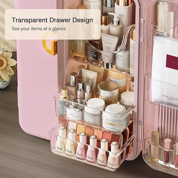 UAK Makeup Organizer with Drawers for Vanity, Cosmetic Display Case with Brush Holders, Storage for Skincare Countertop Bathroom (Pink)