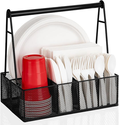Paper Plate Organizer with Handle for Countertop, Metal Silverware Caddy for Napkins, Cups, Paper Plate and Utensil Holder, Cutlery Caddy for Party, Camping, Picnic