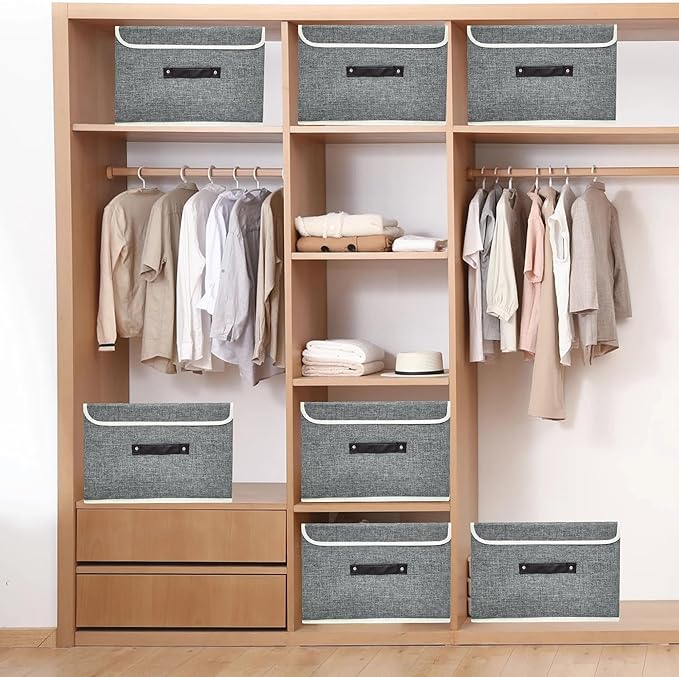 Storage Bin for Shelves Foldable Storage Organizing Basket with Lid&Handles Rectangle Closet Baskets,Gray Storage Bins, Storage Boxes for Home Office Car Dormroom
