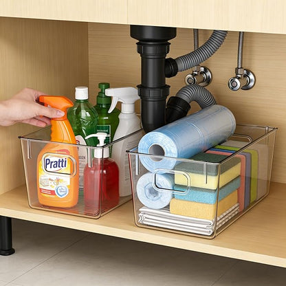 4 Pack Clear Plastic Storage Bins with Handles, Stackable Organizer Containers for Pantry, Fridge, Cabinet, Bathroom, Closet, Under Sink, Kitchen Organization,M