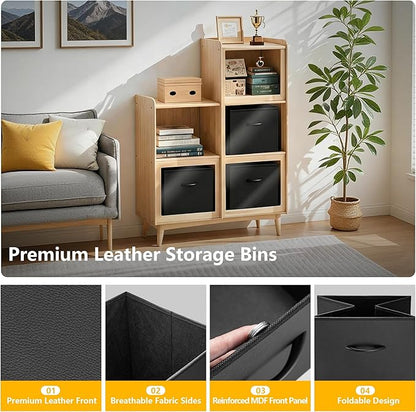 WUIKE 13-Inch Black Storage Cube Bins, Leather Front Cubby Organizer Baskets with Handles, Collapsible Storage Bins for Shelves and Closet, 4-Pack
