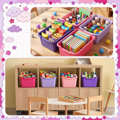 Dandat 16 Pcs Plastic Book Bins for Classroom Library Cubby Bins Scoop Front Stackable Toy Storage Tubs Containers for School Office Home Nursery Playroom Organization (Pink Series)