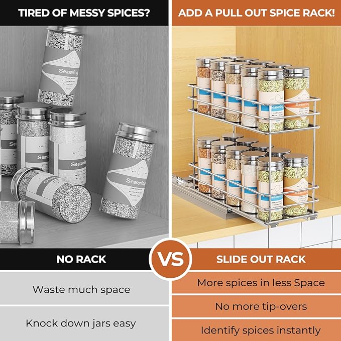 Mystozer Pull Out Spice Rack Organizer for Cabinet, Slide Out Spice Racks, Easy to Install, 4.33" Wx10.43 Dx8.66 H, 1 Drawer 2 Tiers(Silver)