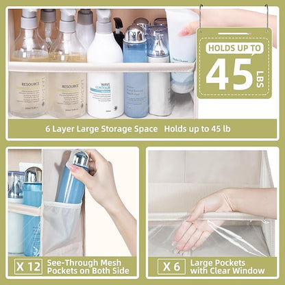 Over Door Organizer with 6 Extra Large Pockets and 12 Side Pockets, Large Capacity Hanging Storage Organizer with Clear Window for Shoes, Diapers, Beige, 6 Layers, 2-Pack