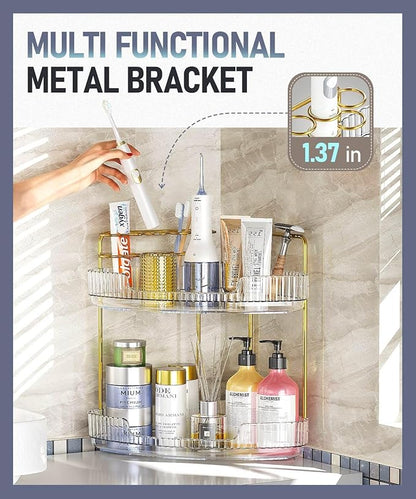 EUHOME 2-Tier Corner Bathroom Organizer Counter - Acrylic Makeup Skincare Organizer with Brush Holder, Perfume Tray for Countertop, Vanity, Dresser, Kitchen（Clear）