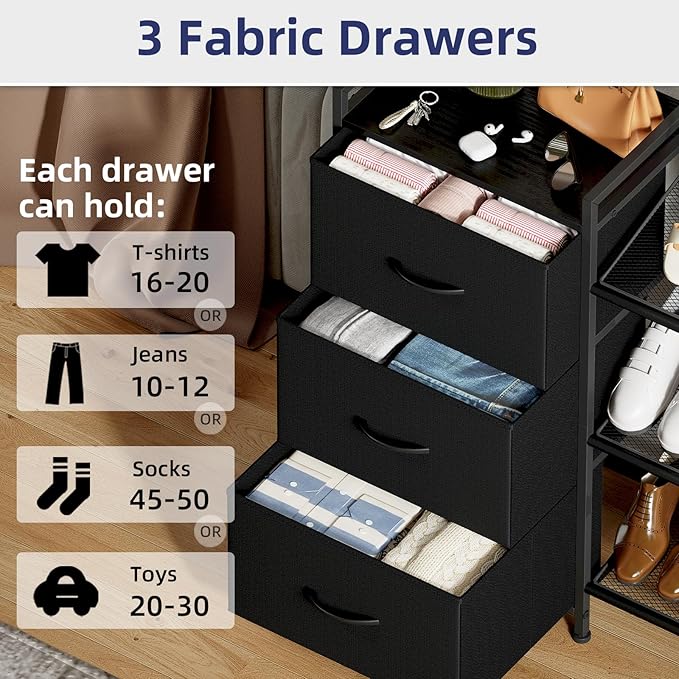 Somdot Shoe Rack, 3 Tier Shoe Organizer with 3 Drawers, Metal Shoe Storage Shelf for 6-9 Pairs of Shoes with Fabric Shelves and Wooden Top, Narrow Shoe Rack for Entryway, Black
