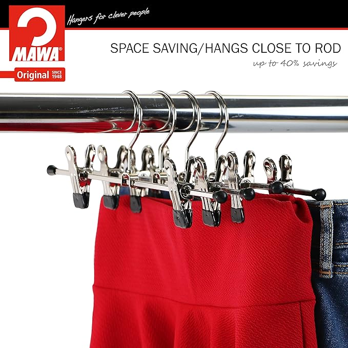 MAWA By Reston Lloyd Non-Slip-Space Saving Clothing Hanger for Pant/Skirts with Two Non-Slip Clips, Style K/30D, 12" Width, Set of 300, Black