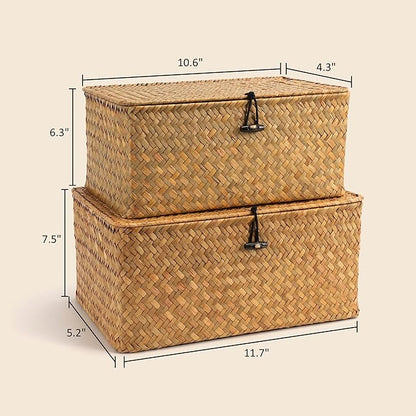 Nonam Storage Basket with Lid, Natural Seagrass Bin with Lid Set of 2, Shelf Baskets Multipurpose Container for Boho Decoration, Rectangular Household Storage Boxes for Home Organization-Natural