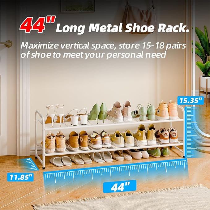 Shoe Rack for Closet, 2 Tier 44 Inch Extra Wide Shoe Storage Organizer for Shelves, Heavy Duty Metal, Easy Assembly, White