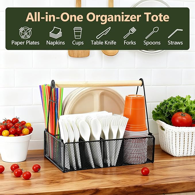 Wood Handle Silverware Caddy for Party – Paper Plate Organizer for Countertop – 7 Compartment Utensil Holder for Plates, Cups, Napkins, and Cutlery – Picnic, Camping, or Kitchen Buffet