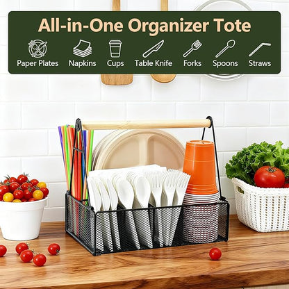 Wood Handle Silverware Caddy for Party – Paper Plate Organizer for Countertop – 7 Compartment Utensil Holder for Plates, Cups, Napkins, and Cutlery – Picnic, Camping, or Kitchen Buffet