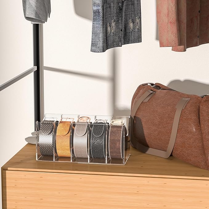 Sezanrpt 5 Compartments Acrylic Belt Organizer, Clear Belt Display Case for Tie Organizer Wall Mounted