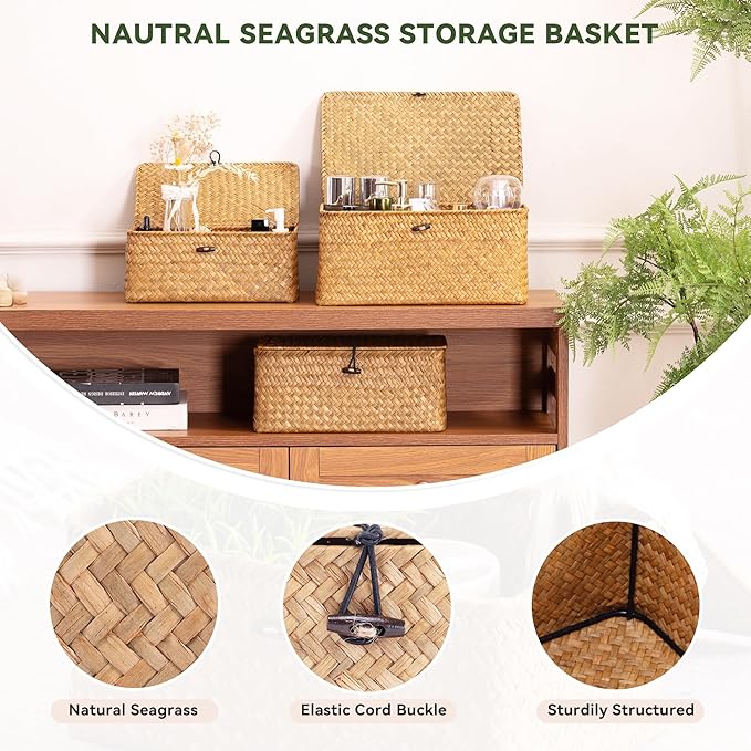 Nonam Storage Basket with Lid, Natural Seagrass Bin with Lid Set of 3, Shelf Baskets Multipurpose Container for Boho Decoration, Rectangular Household Storage Boxes for Home Organization-Natural