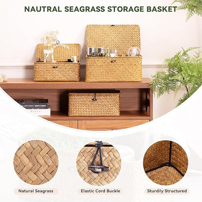 Nonam Storage Basket with Lid, Natural Seagrass Bin with Lid Set of 3, Shelf Baskets Multipurpose Container for Boho Decoration, Rectangular Household Storage Boxes for Home Organization-Natural