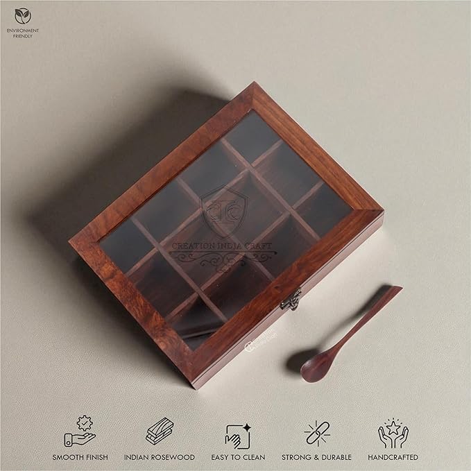 Wooden Spice Box, Masala Container, Condiments Storage Case for Kitchen, Multipurpose Decorative Box - Indian Rosewood Crafted