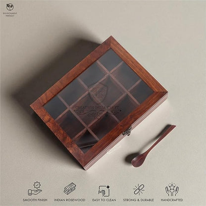 Wooden Spice Box, Masala Container, Condiments Storage Case for Kitchen, Multipurpose Decorative Box - Indian Rosewood Crafted