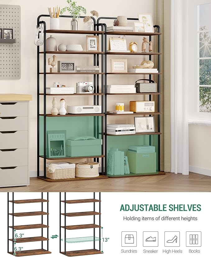 Hzuaneri 8 Tiers Widened Vertical Shoe Rack, Narrow Shoe Tower, Tall Shoes Shelf with 2 Hooks, Adjustable Shelves, Corner Shoes Shelves for Small Spaces, Entryway, Living Room, Rustic Brown SR12501B