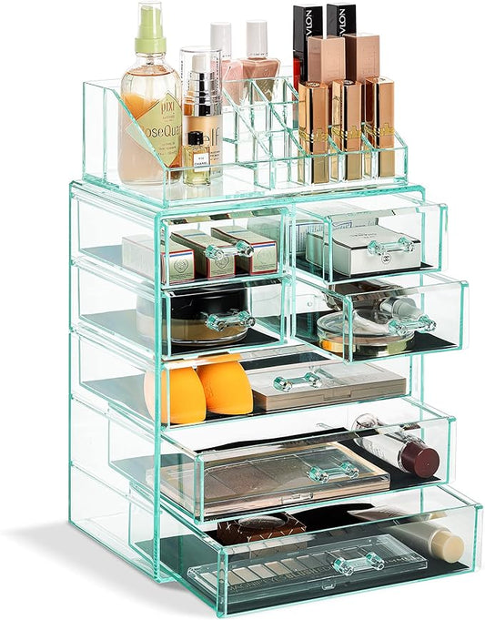 Sorbus Acrylic Makeup Organizer Set, 7-Drawer Vanity & Countertop Cosmetic Storage with Small & Wide Compartments, Teal Thrill Makeup Storage for Brushes, Jewelry – Holiday Gift for Women & Teens