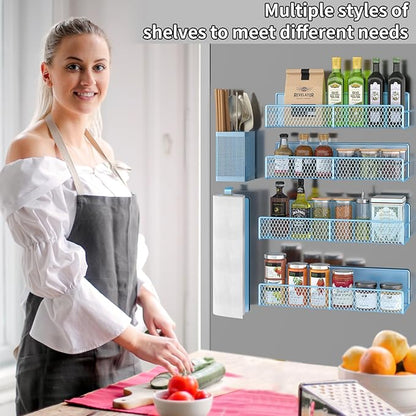 Magnetic Spice Rack for Refrigerator, 6 Pack Metal Magnetic Shelf Blue, Moveable Spice Organizer, Strong Magnetic Storage Fridge Organizer with Paper Towel Holder, Utensils Holder