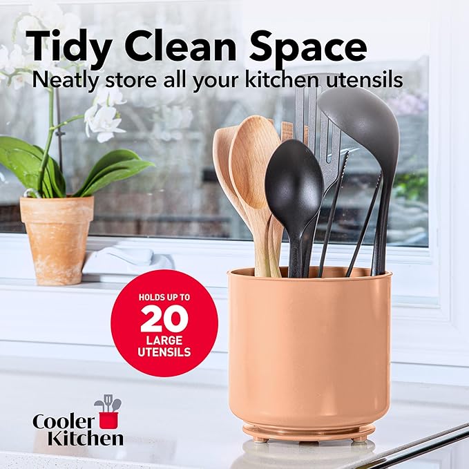 Cooler Kitchen Jumbo Rotating XL Peach Plastic Utensil Holder Caddy with Sturdy No-Tip Weighted Base, Removable Divider, and Gripped Insert - Dishwasher Safe Kitchen Utensil Holder for Countertop