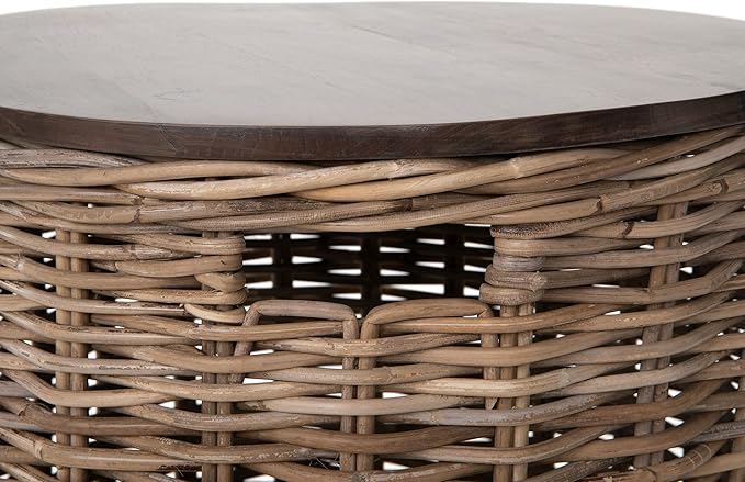 Kouboo Round Rattan Storage Basket with Wood Lid Side or End Table with Hidden Storage for Blankets Pillows & More