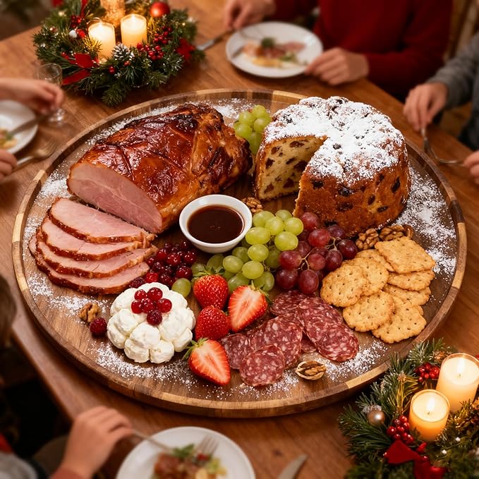 Utoplike Extra Large Acacia Wood Serving Tray, 23.6'' Round Charcuterie Board, Cheese Board with Rotating Base Raised Edge and Removable Dividers for Food, Snacks, Party, Dining