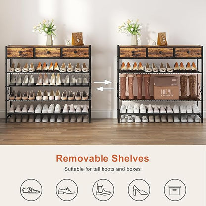 Shoe Rack, 5 Tier Shoe Organizer with 3 Drawers, Metal Shoe Storage for 24-30 Pairs of Shoes with Fabric Shelves and Wooden Top, Narrow Shoe Shelf for Closet Entryway Rustic Brown