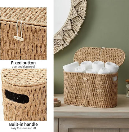 Coeusy Toilet Paper Basket with Lid,Paper Rope Decor Basket for Bathroom Organizers and Storage,Holds Up to 6 Mega Rolls,Decorative Hand-Woven Bathroom Bedroom Living Room Decor