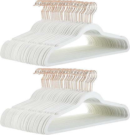 Amazon Basics Slim Velvet Non-Slip Space Saving Suit Clothes Hangers for Closet Organization, Ivory/Rose Gold, 100-Pack