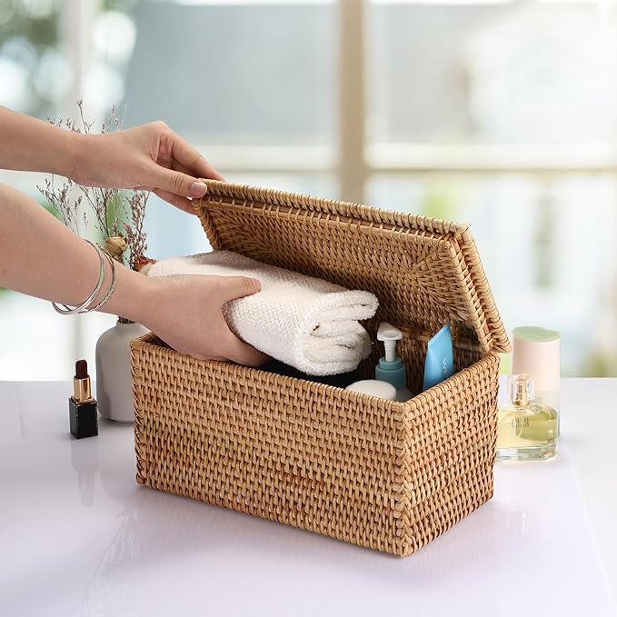 Hipiwe Rattan Basket Box with Lid Handwoven Wicker Storage Basket Bins Lidded Decorative Baskets Rectangular Household Baskets for Shelf Organizing Home Decor, 11.8"Lx6.2"Wx6.1"H