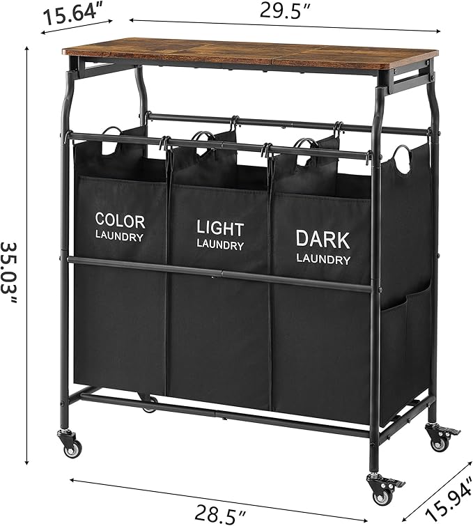 Hoctieon 3 Section Laundry Sorter Cart with Ironing Board, Laundry Hamper with Shelf and Rolling Wheels, Heavy Duty Laundry Basket Organizer, Large Clothes Separator Hamper with Removable Bags, Black
