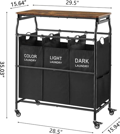 Hoctieon 3 Section Laundry Sorter Cart with Ironing Board, Laundry Hamper with Shelf and Rolling Wheels, Heavy Duty Laundry Basket Organizer, Large Clothes Separator Hamper with Removable Bags, Black