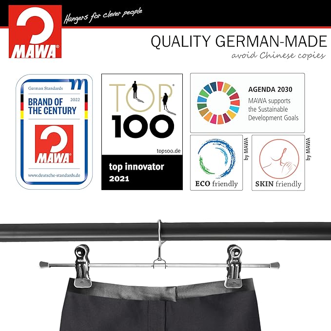 Mawa by Reston Lloyd Non-Slip Space-Saving Clothes Hanger For Pants & Skirts with Two Non-Slip Clips, Style K/30D, 12-Inch, Set of 10, Silver