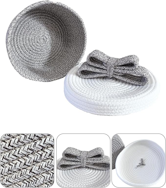 Decorative Storage Baskets with Lids, Small Woven Rope Basket with Lid, Decorative Basket for Home Decor, Dog Toy Storage Baskets with Cute Bow Handle, grayish-brown