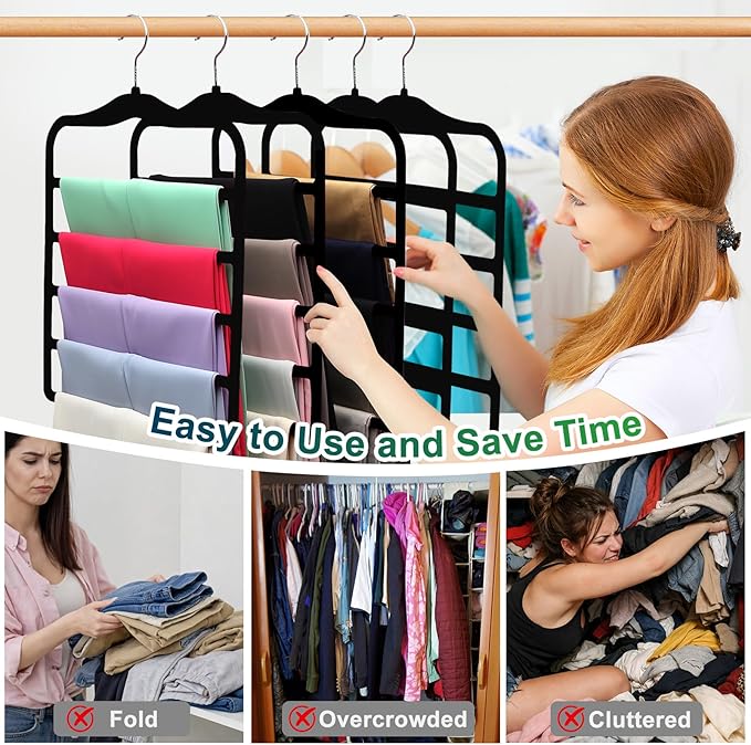 Closet Organizers and Storage, 3 Pack Pants-Hangers-Space-Saving, Velvet Non Silp 5 Tier Scarf Jeans Closet Organizer,Dorm Room Essentials for College Students Girls Boys Guys,Organization and Storage