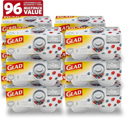 Glad GladWare Home Collection Mini Round Food Storage Containers, Small BPA Free Plastic with Silver Metallic Lid, Snack and Portion Control Containers, Microwave Dishwasher Safe, 4 Oz, 8 Ct - 12 Pk