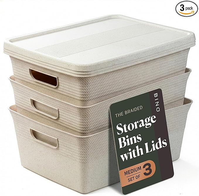 BINO | Plastic Storage Bins with Lids, 13 Liter - 3 Pack, Natural | THE BRAIDED COLLECTION | Plastic Bins for Organization Woven Storage Baskets for Organizing Pantry Shelf Organizer Basket Bin