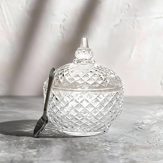 7 oz Crystal Glass Salt Cellar with Lid and Stainless Steel Spoon for Kitchen Seasoning (Ball shape)