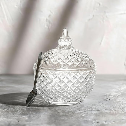 7 oz Crystal Glass Salt Cellar with Lid and Stainless Steel Spoon for Kitchen Seasoning (Ball shape)